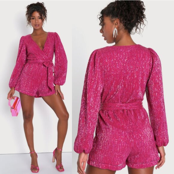 NWT LULUS Glamorous Hot Pink Sequin Long Sleeve Surplice Romper Size XS - Picture 1 of 10